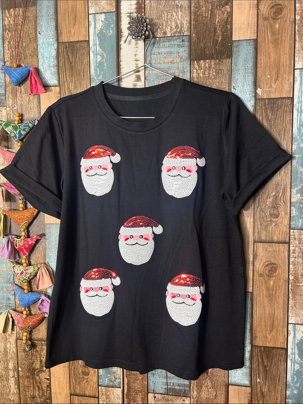 Black Santa Sequin Short Sleeve rolled Tee